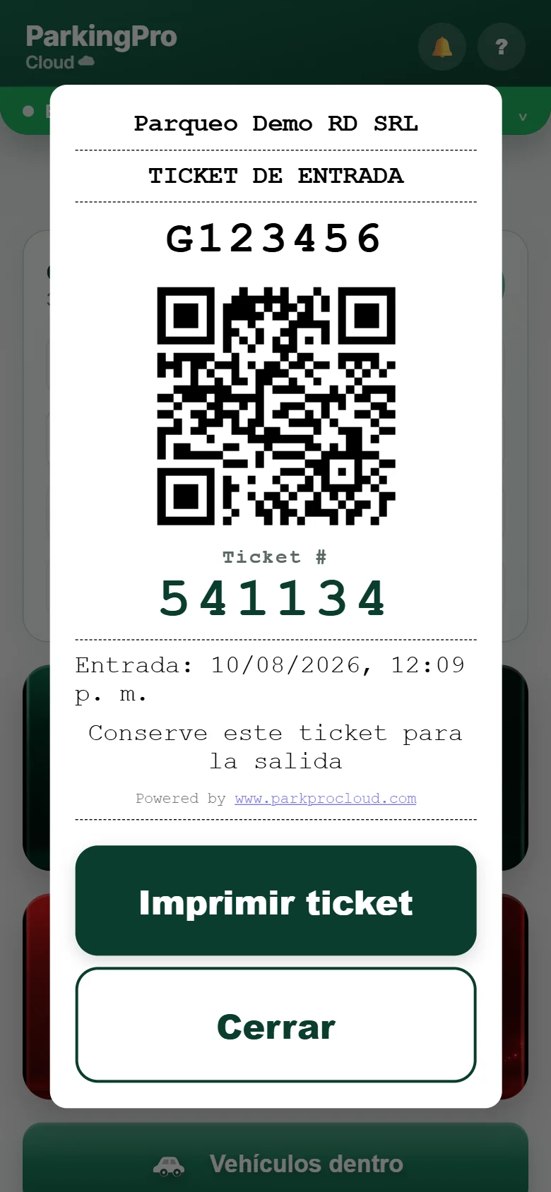 Ticket real de entrada con código QR de ParkingPro