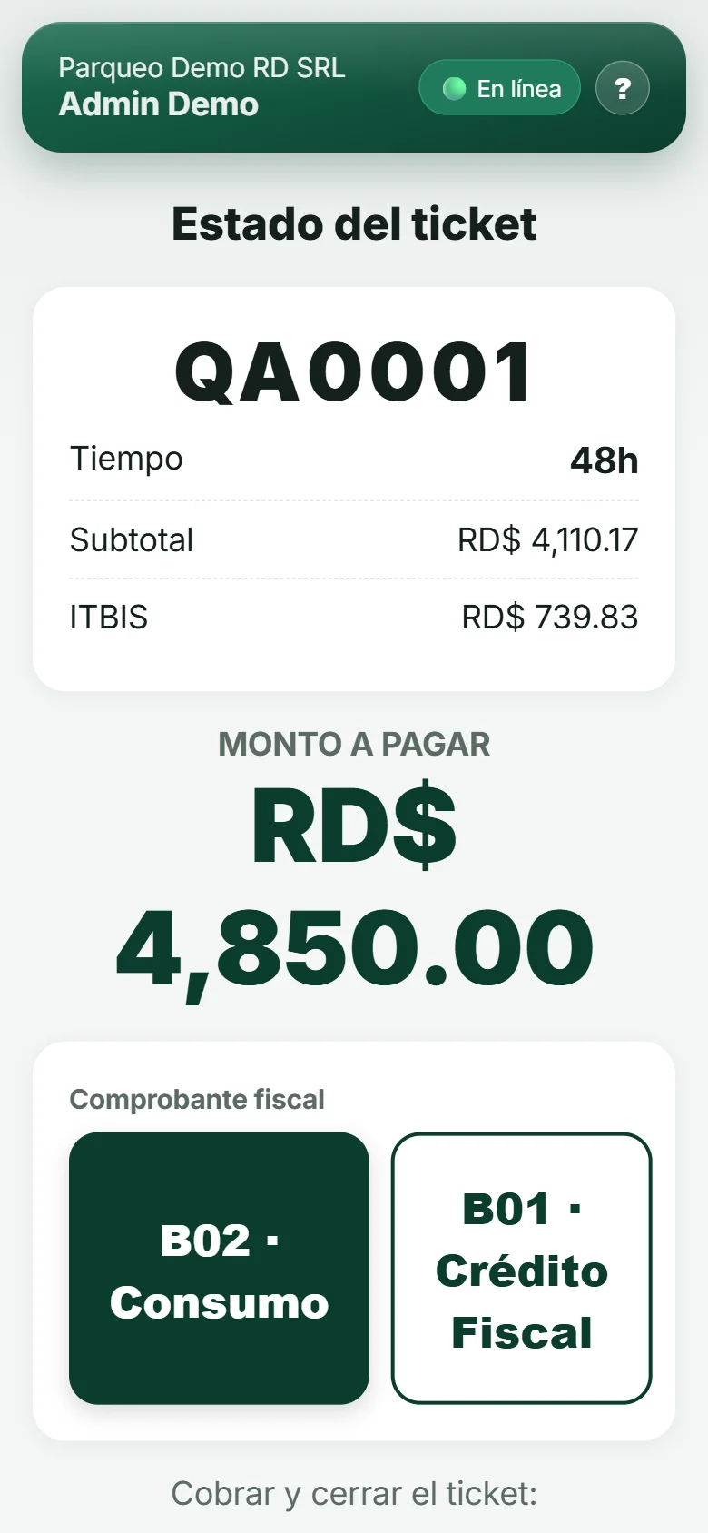 Pantalla de cobro con comprobante fiscal