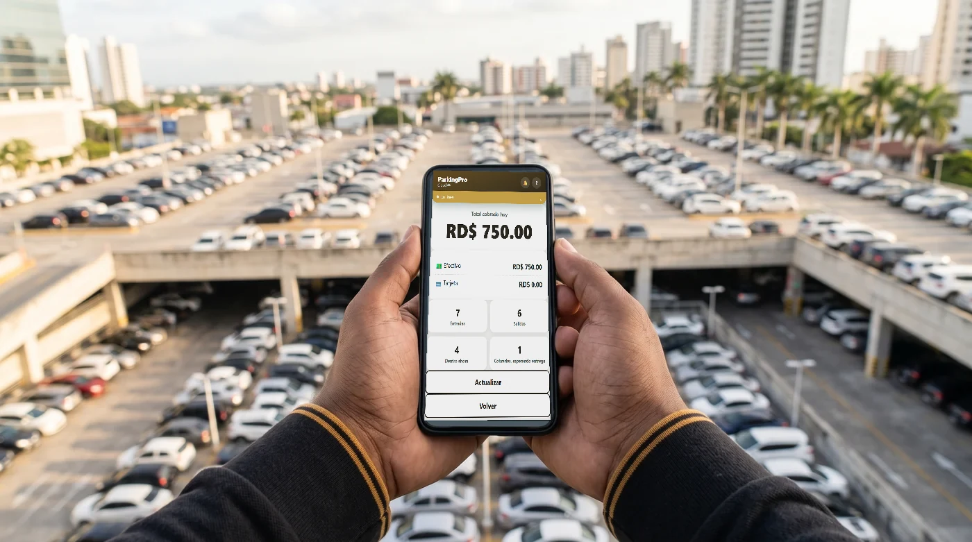 Lo que ve el supervisor: el resumen del día en su teléfono, con el estacionamiento de varios niveles al fondo